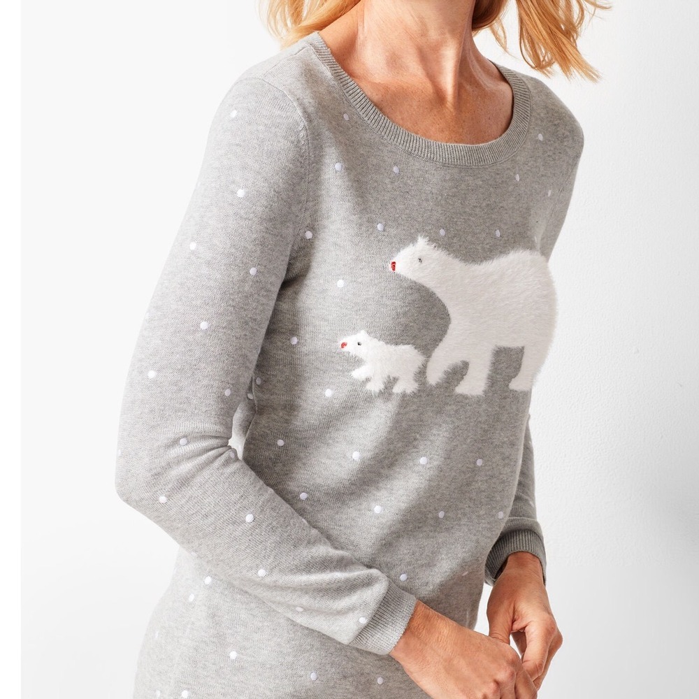 Talbots Polar Bear Polka Dot Sweater Gray Crewneck Holiday Apres Ski